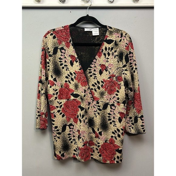 east5th Tops - East5th Blouse Womens XL Gold Red Floral Faux Wrap Metallic Textured 3/4 Sleeve